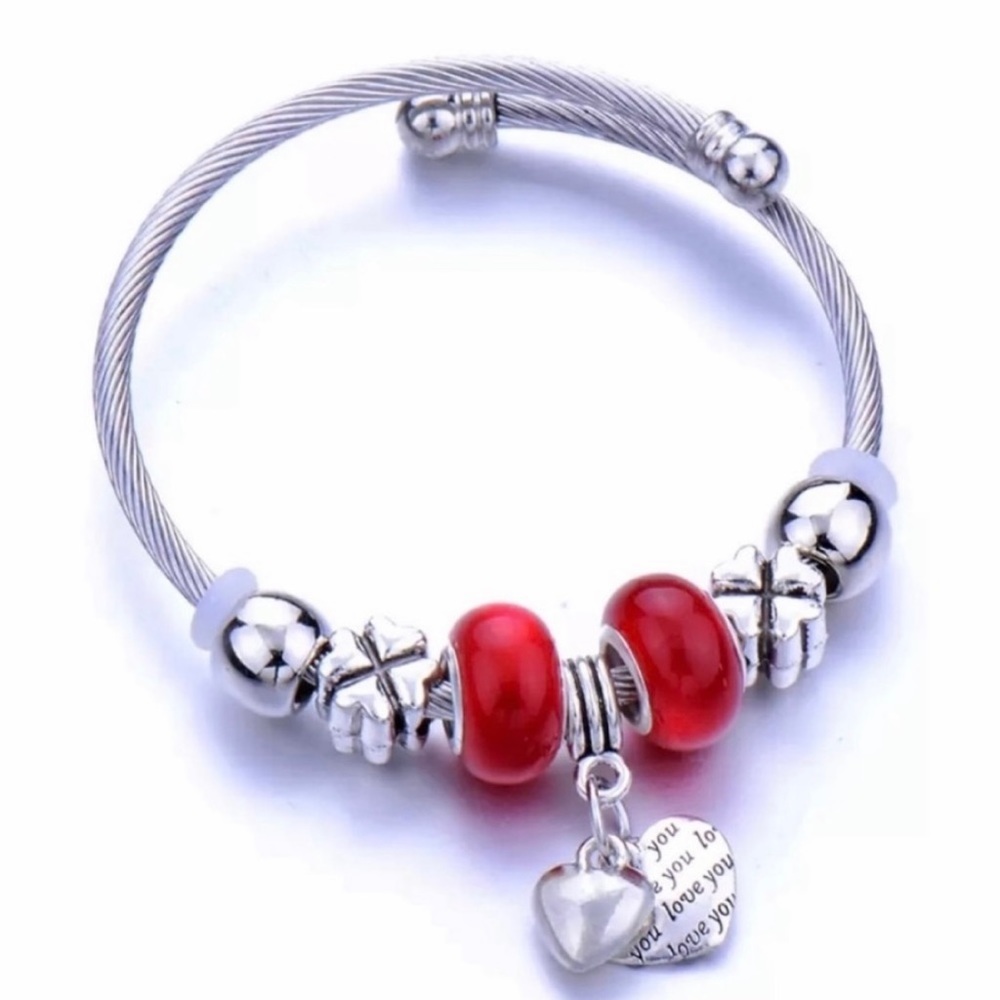 Love You Heart Charm Bangle Bracelet Silver Red
